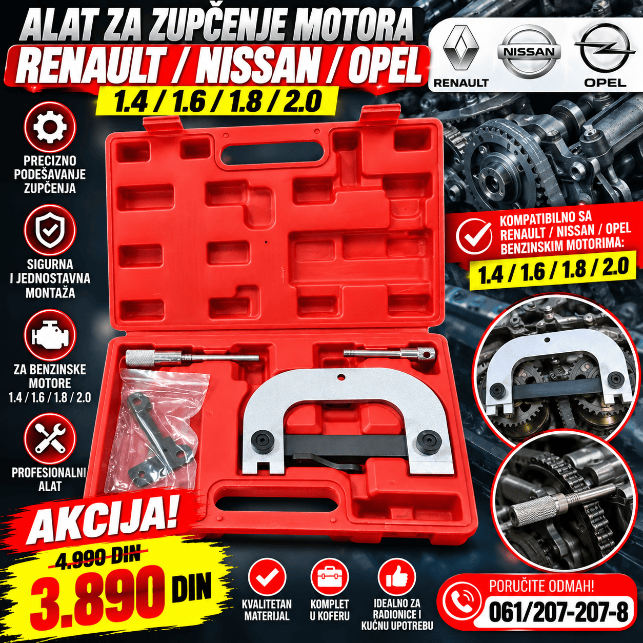 Profesionalni alat za zupčenje Renault, Nissan i Opel benzinskih motora 1.4, 1.6, 1.8 i 2.0, komplet sa metalnim nastavcima u crvenom koferu.
