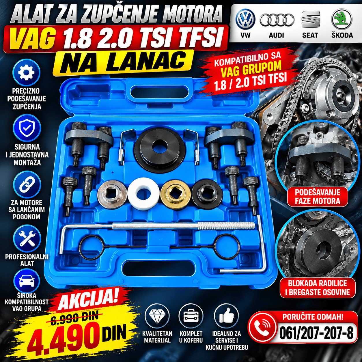 Profesionalni alat za zupčenje VAG 1.8 i 2.0 TSI TFSI motora na lanac, komplet sa metalnim nastavcima u praktičnom plavom koferu.