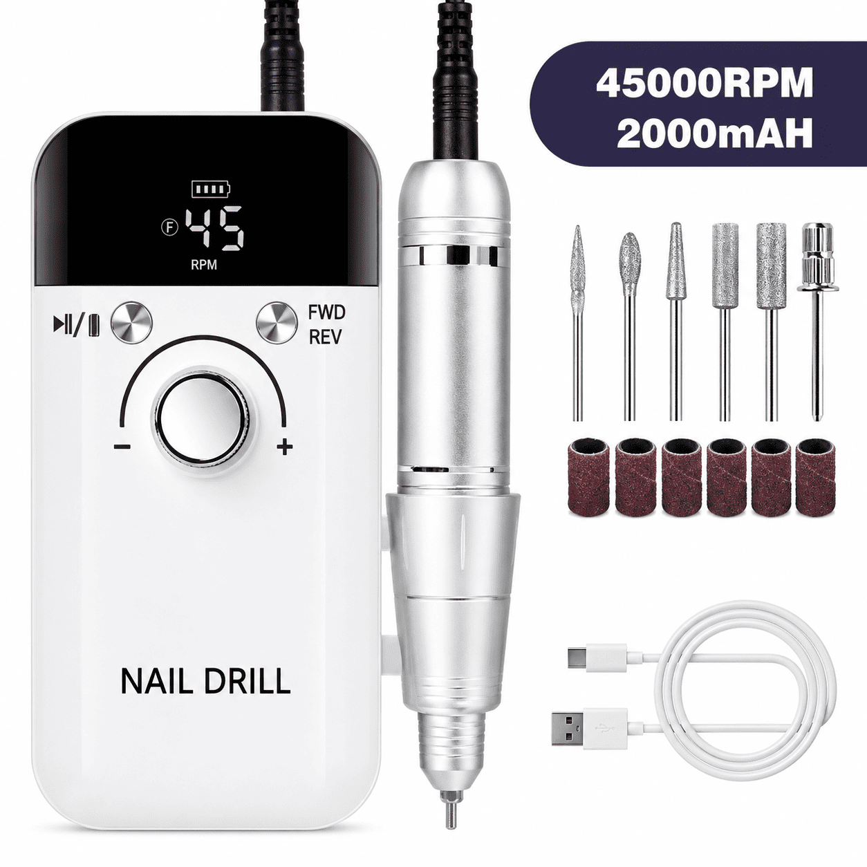 Električni aparat za manikir i pedikir sa Nail Drill turpijom, brusnim trakama i različitim nastavcima za profesionalno uređivanje i oblikovanje noktiju.