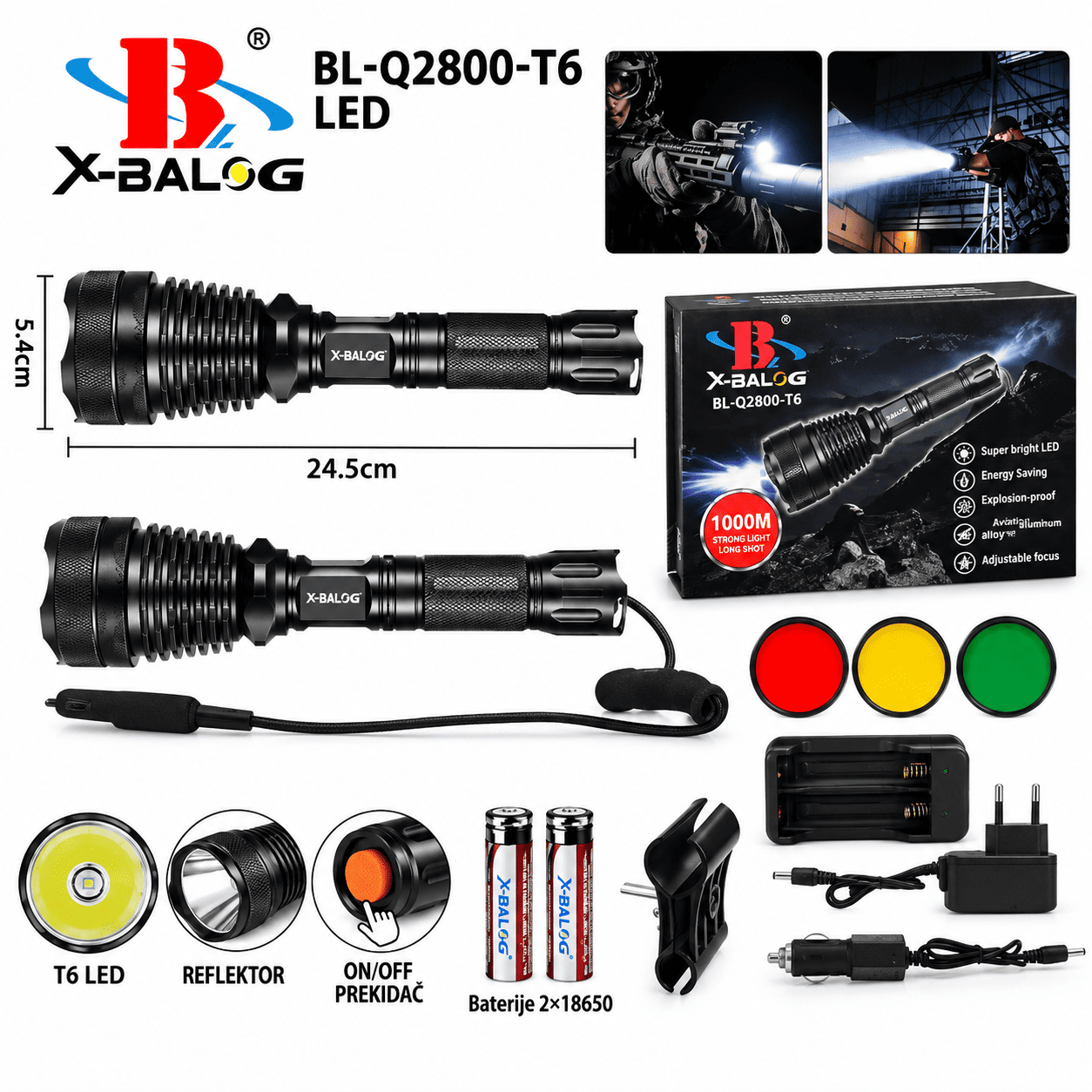 Kvalitetna baterijska LED lampa XQ-Q2800 sa otpornim kućištem, pogodna za lovce, ribolovce, kampere i ljubitelje aktivnosti na otvorenom.