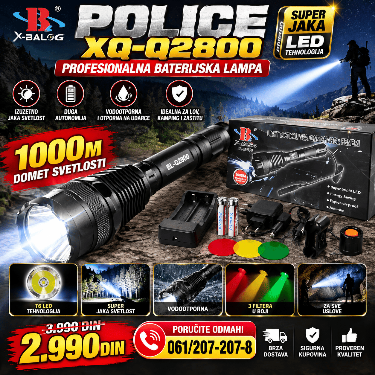 Profesionalna baterijska lampa Police XQ-Q2800 sa snažnim LED osvetljenjem, idealna za kampovanje, lov, ribolov i upotrebu na otvorenom.