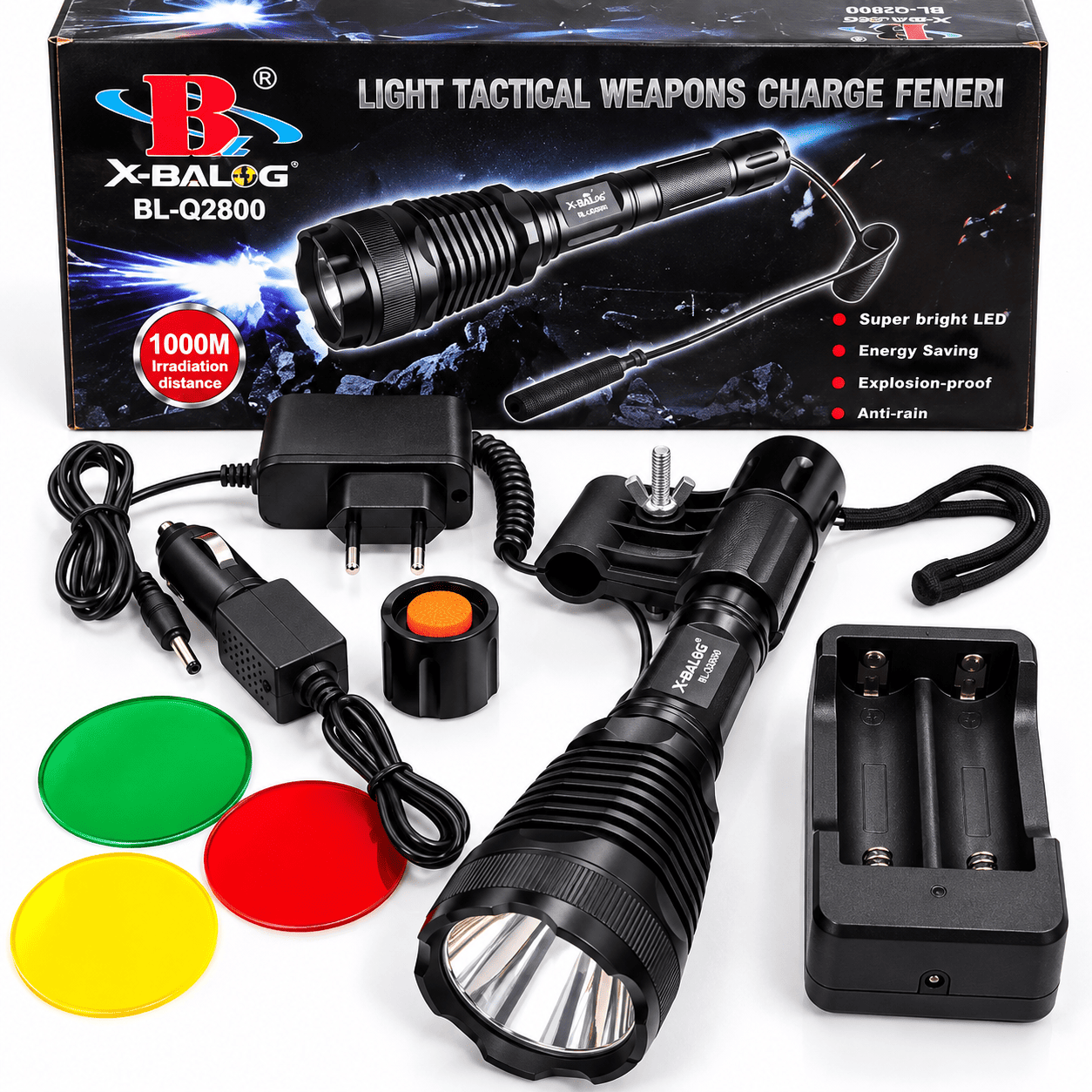Snažna ručna baterijska lampa X-BALOG Police XQ-Q2800 sa T6 LED tehnologijom, pogodna za noćne aktivnosti i boravak u prirodi.