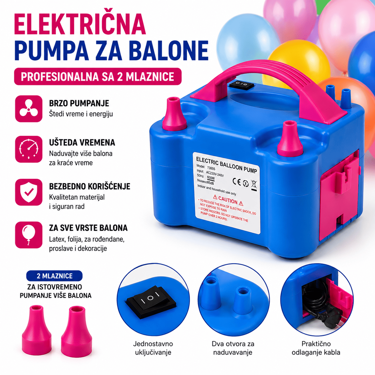 Profesionalna električna pumpa za balone dizajnirana je za dekoratere, organizatore događaja i sve koji često rade sa balonima.
