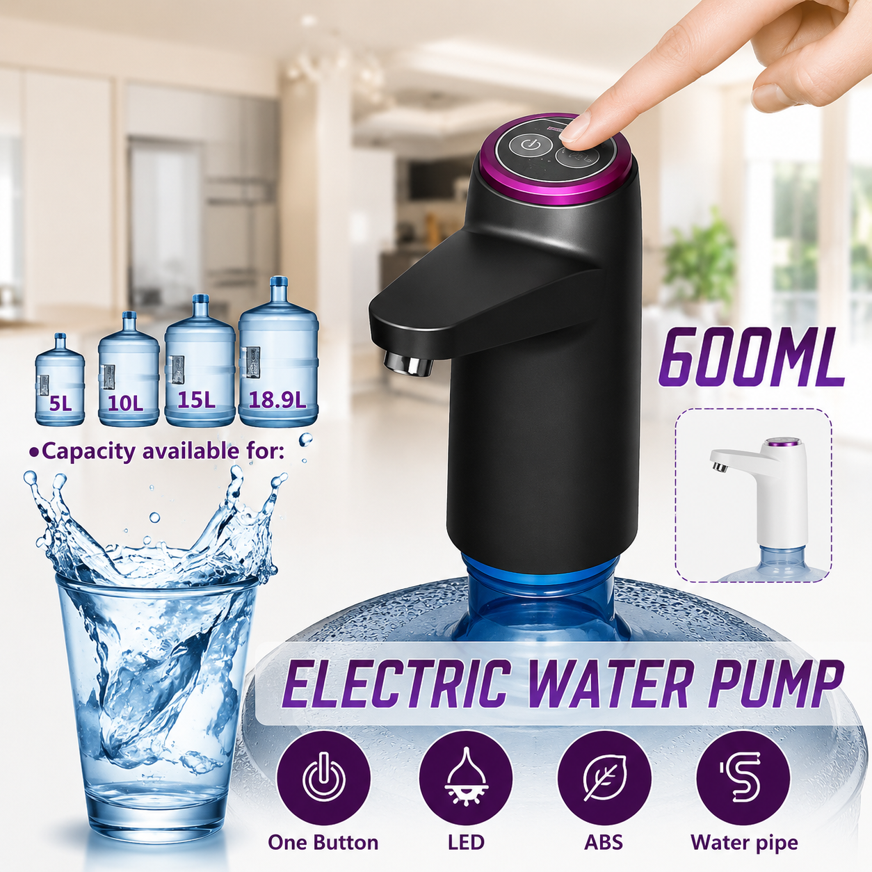 Elegant električna pumpa za vodu sa modernim dizajnom i automatskim doziranjem, praktična za korišćenje na balonima različitih kapaciteta.