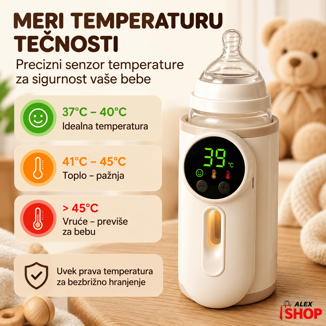 Prenosivi grejač za bebine flašice sa preciznom kontrolom temperature, digitalnim ekranom i praktičnim LED noćnim svetlom.