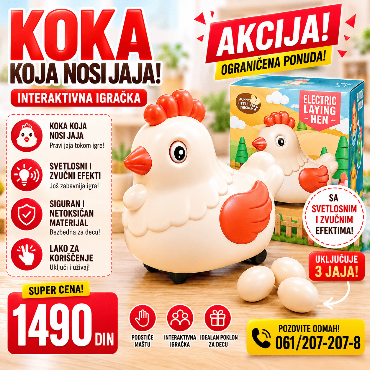 Interaktivna igračka koka koja nosi jaja, zabavna dečija igračka sa simpatičnim dizajnom namenjena za igru i razonodu mališana.