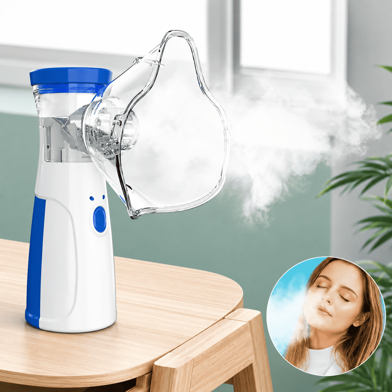 Prenosni inhalator za odrasle i decu sa maskama i dodatnom opremom, praktičnog oblika za jednostavno držanje i korišćenje.