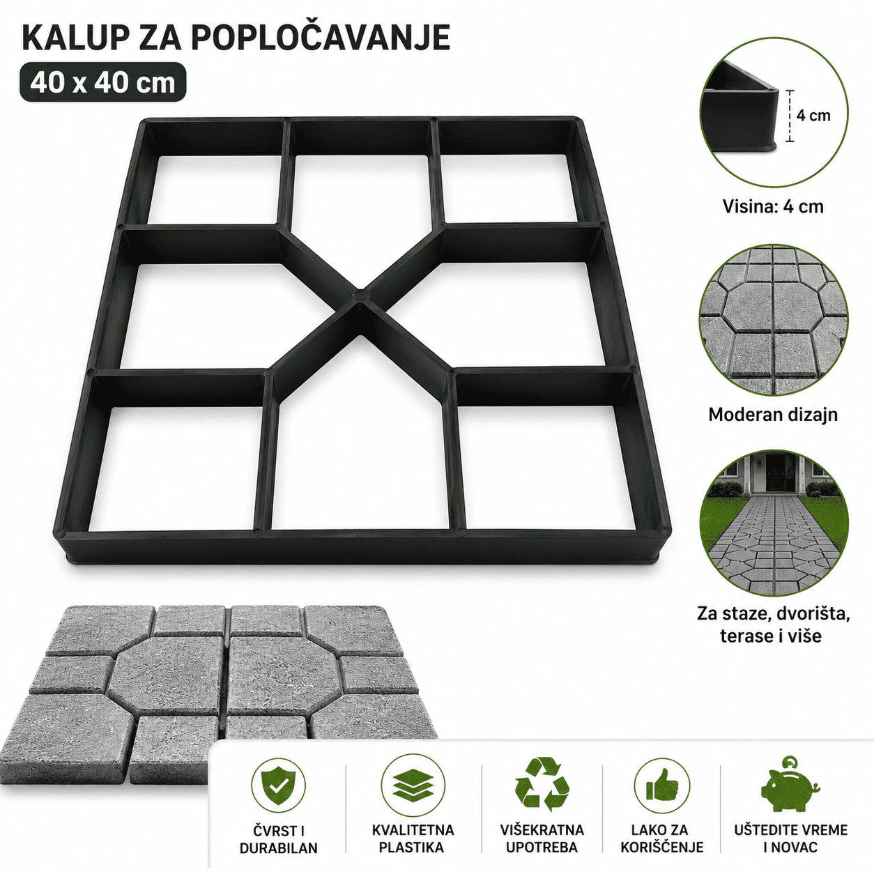 Kalup za pravljenje betonskih pločica i staza pruža jednostavan način da transformišete spoljašnji prostor u moderno i funkcionalno okruženje.