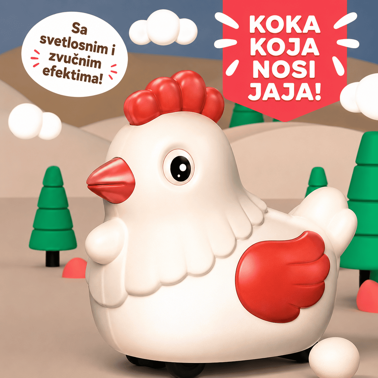 Elektronska koka koja nosi i izbacuje jaja, originalna dečija igračka pogodna za svakodnevnu igru, rođendane i različite prilike za poklon.