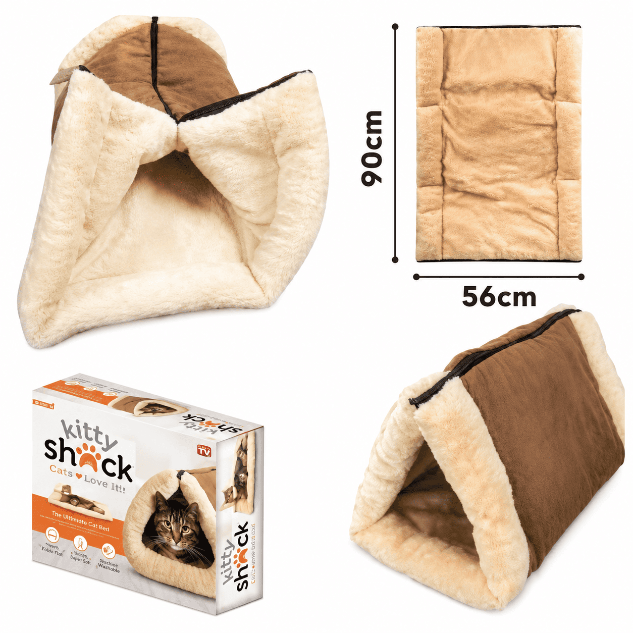 Mekani Kitty Shack krevet za mačke 2 u 1 koji se može koristiti kao zatvoreni tunel ili otvorena podloga za udoban odmor i spavanje.