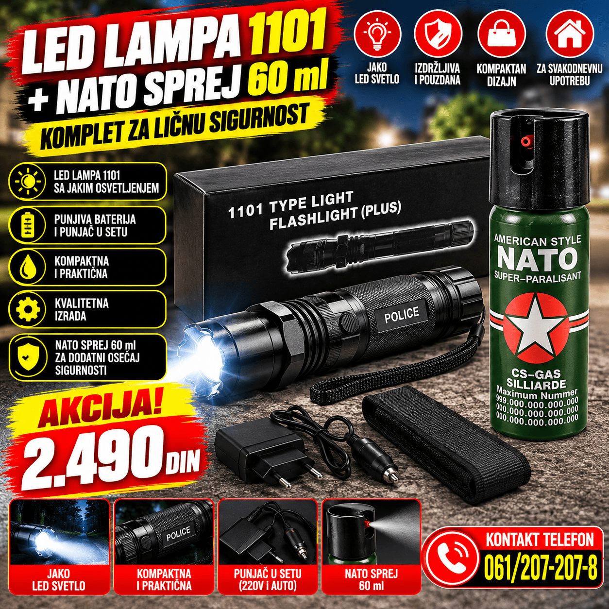 LED lampa Police 1101 sa jakim osvetljenjem i NATO biber sprej 60 ml, praktičan komplet za ličnu sigurnost i svakodnevno nošenje.