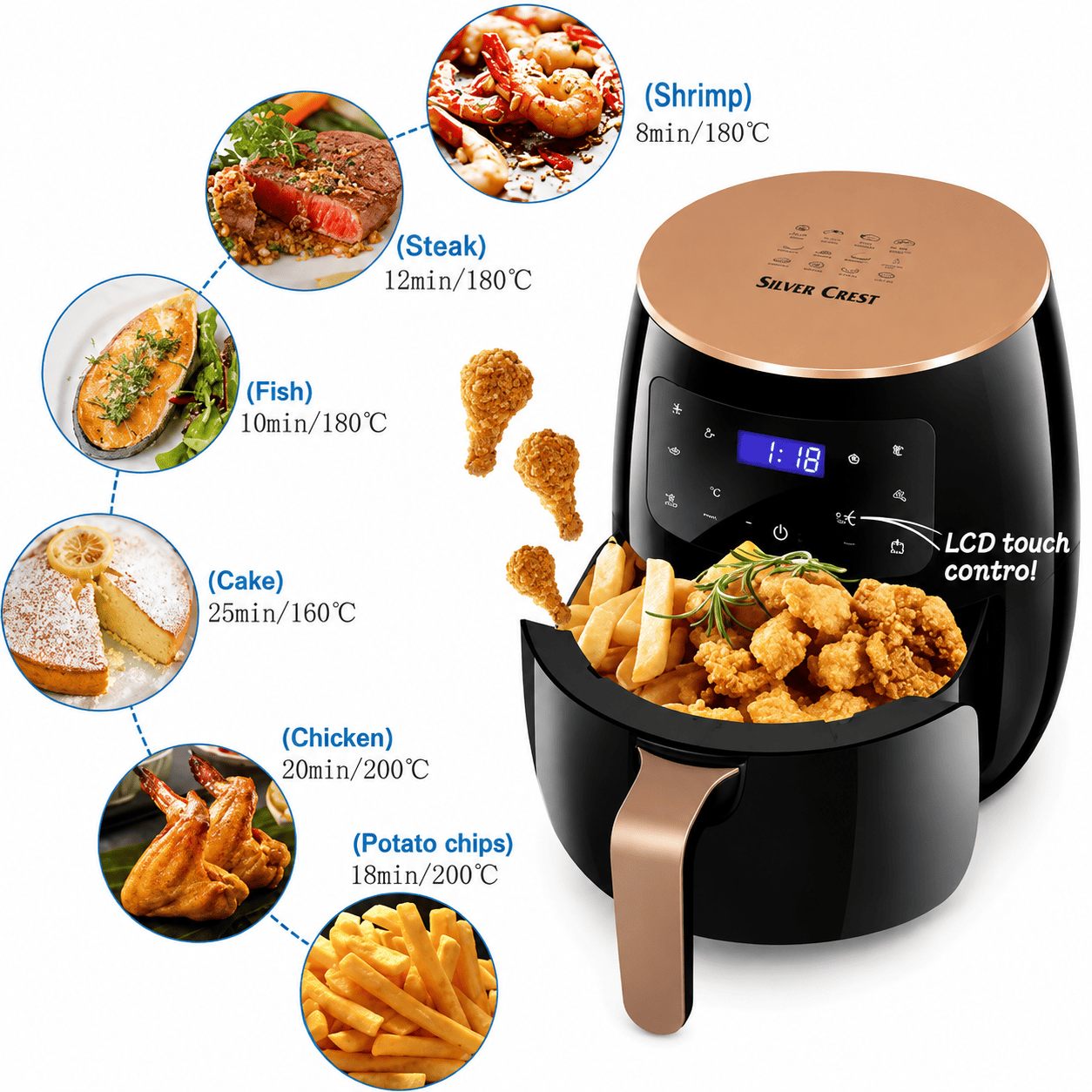 Električna Air Fryer friteza Silver Crest sa kapacitetom od 6 litara i digitalnim upravljanjem, namenjena za jednostavnu pripremu raznovrsnih obroka.
