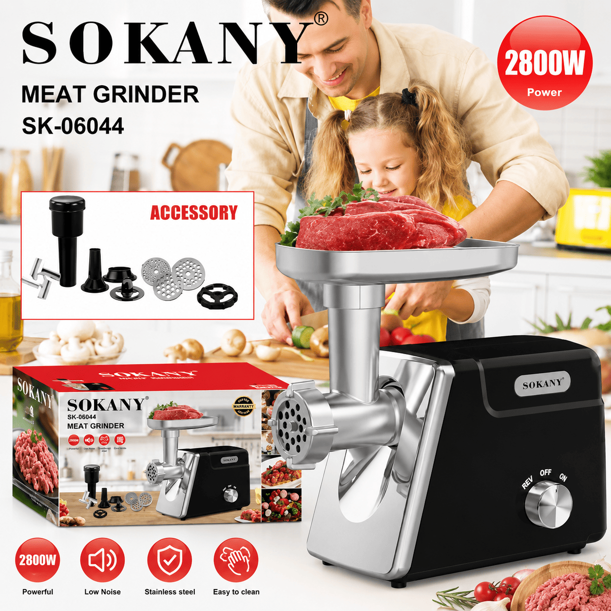 Snažna Sokany mašina za mlevenje mesa 2800W sa metalnom glavom, posudom za ubacivanje mesa i dodatnim priborom za kućnu upotrebu.