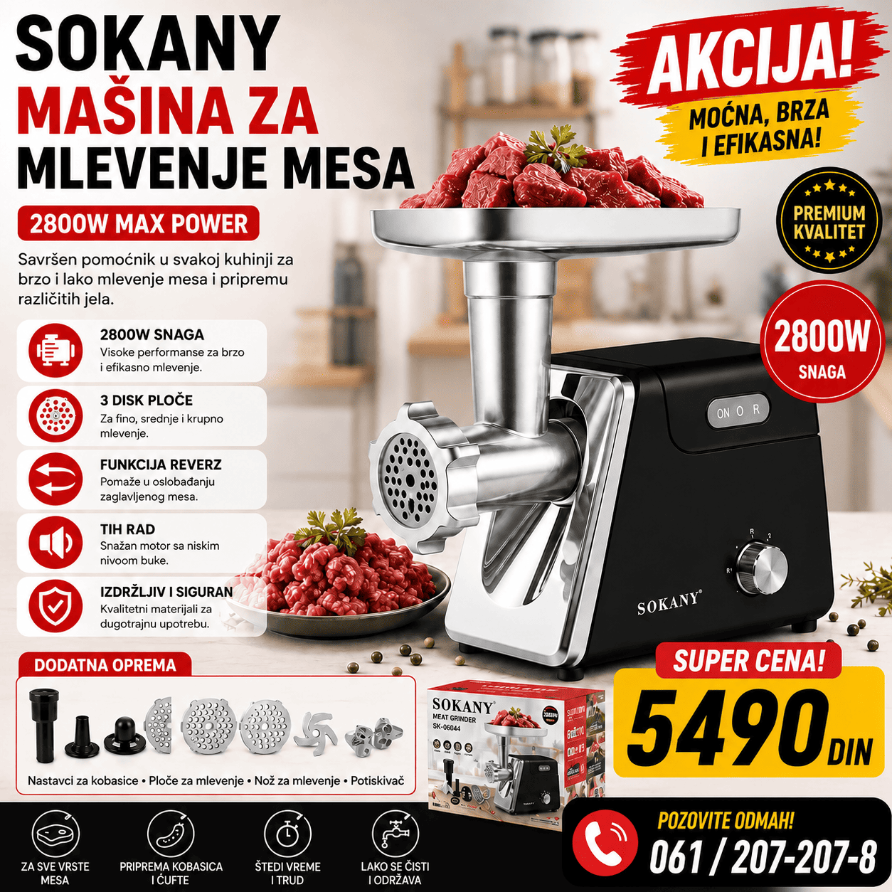 Električna mašina za mlevenje mesa Sokany 2800W sa metalnim delovima i dodatnom opremom, pogodna za svakodnevnu upotrebu u kuhinji.