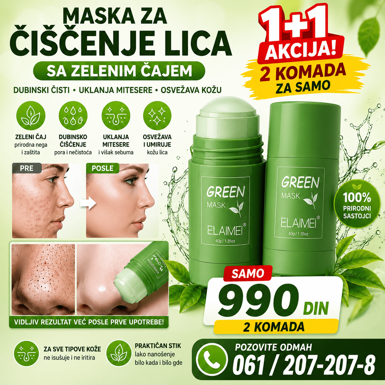 Green Mask Stick maska za negu kože lica sa praktičnim mehanizmom na izvlačenje, pogodna za kućnu rutinu čišćenja i osvežavanja kože.