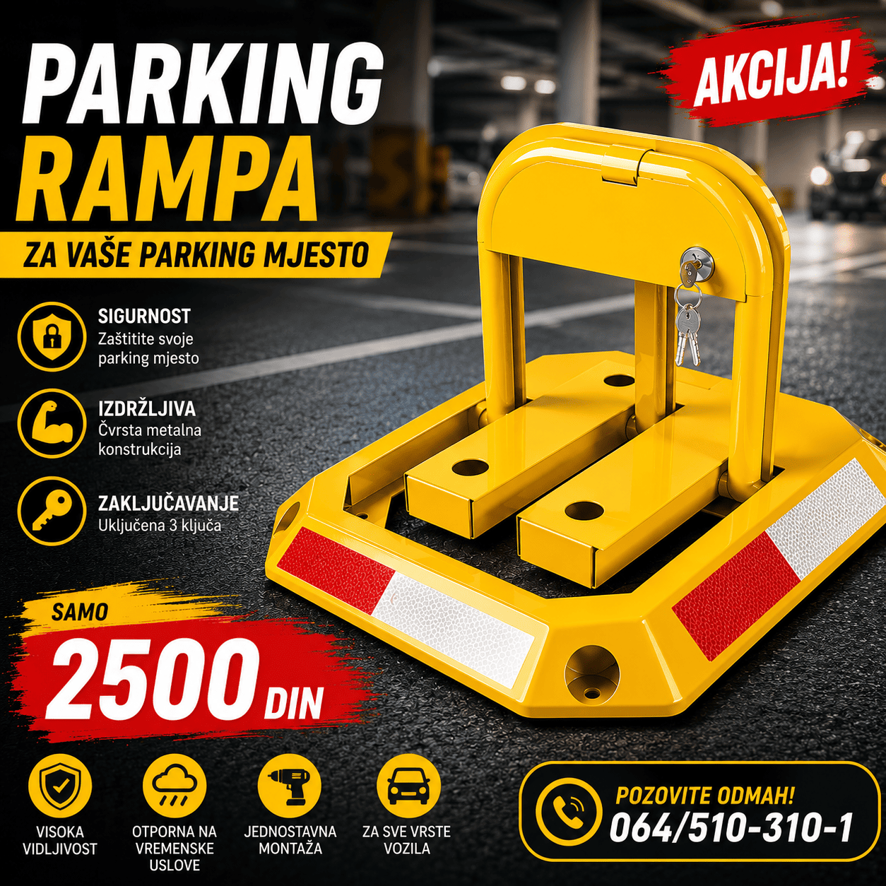 Čelična parking barijera sa sigurnosnom bravom, jednostavna za rukovanje, savršena za kontrolu pristupa.