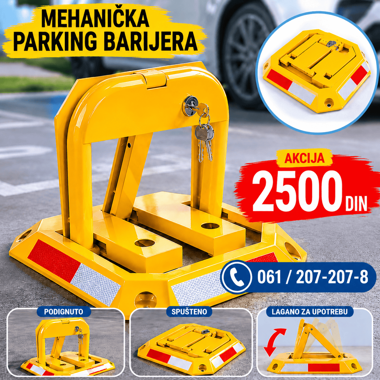 Čelična parking barijera sa sigurnosnom bravom, jednostavna za rukovanje, savršena za kontrolu pristupa.
