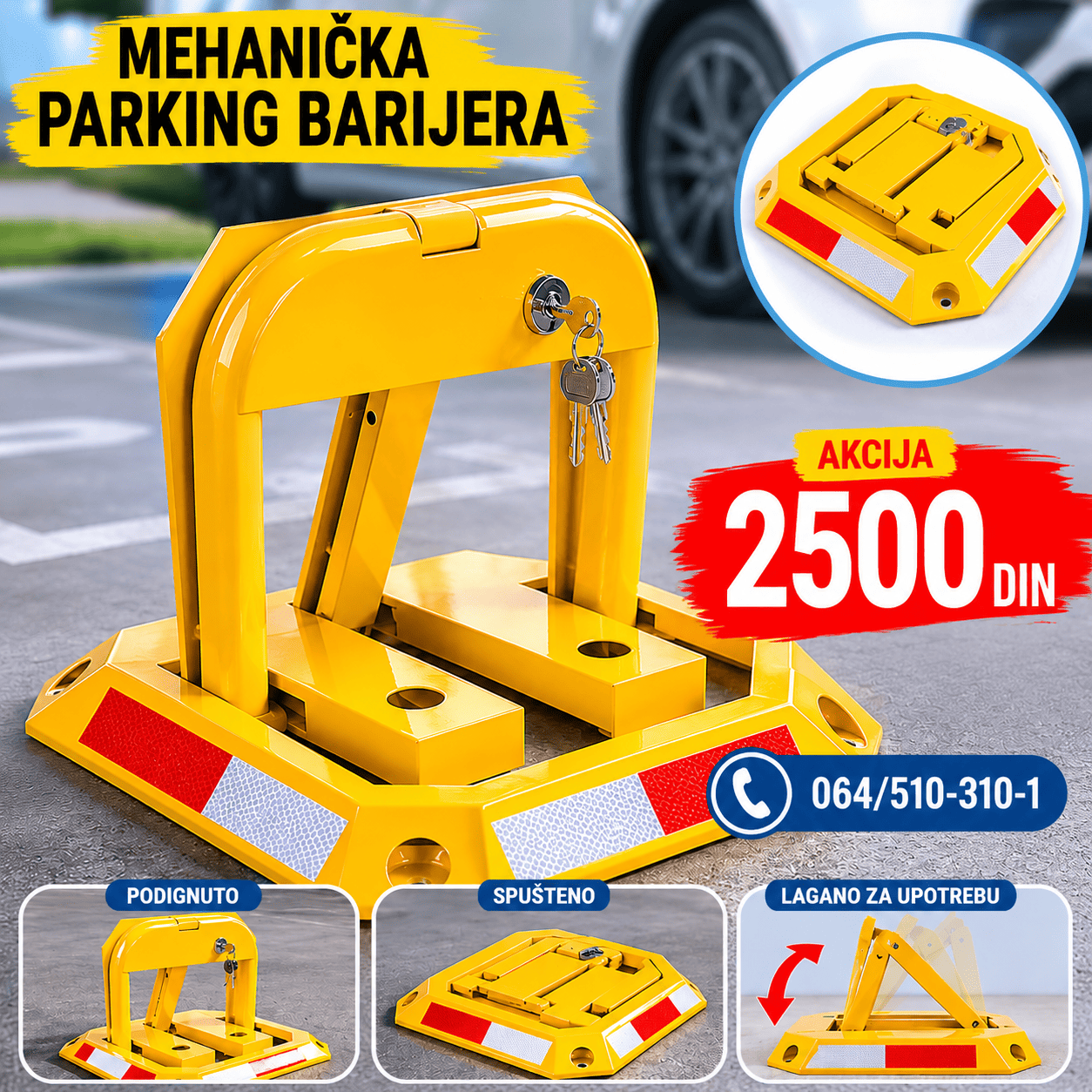 Profesionalna mehanička parking barijera sa metalnom konstrukcijom, reflektujućim trakama i tri sigurnosna ključa za maksimalnu zaštitu parking mesta.