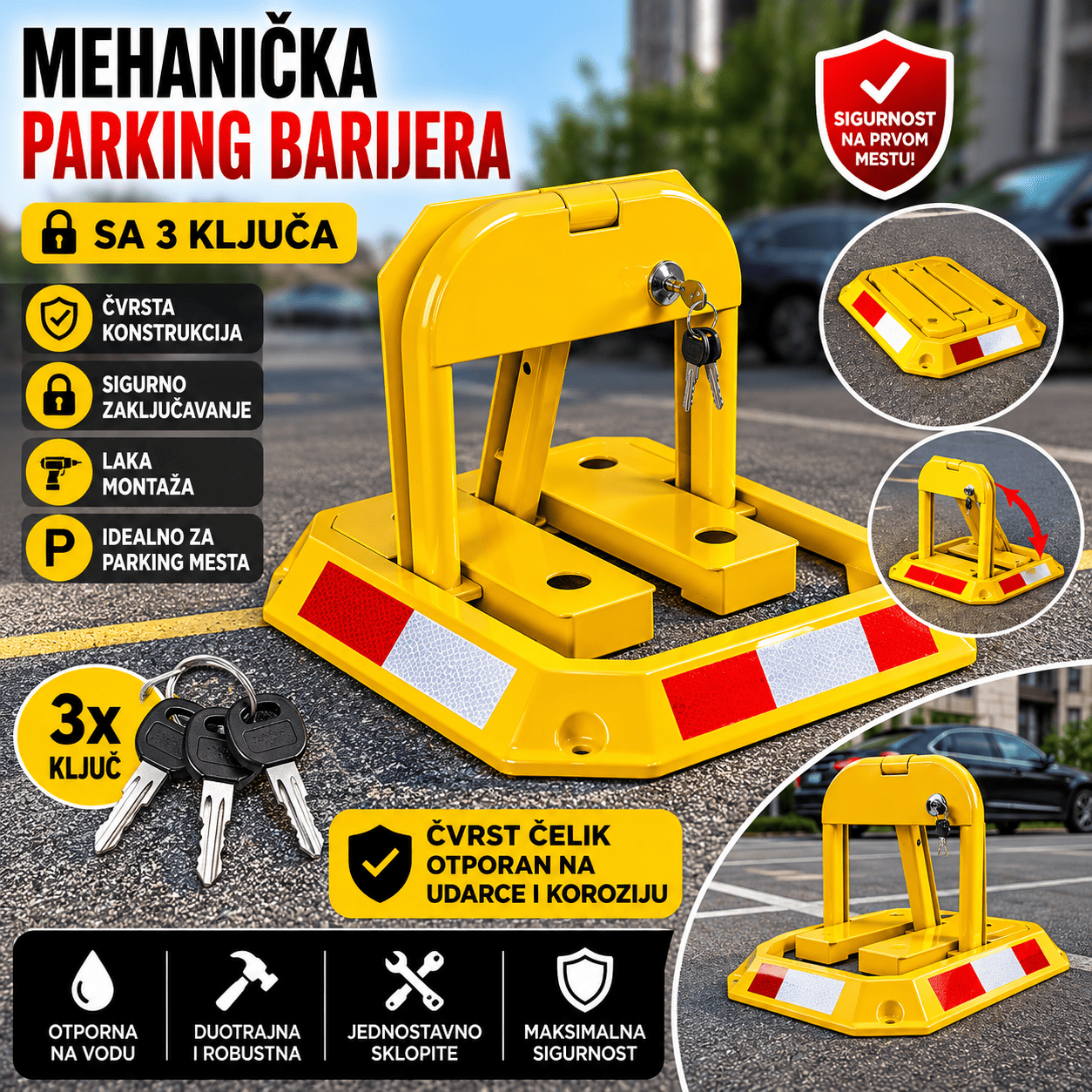 Profesionalna mehanička parking barijera sa metalnom konstrukcijom, reflektujućim trakama i tri sigurnosna ključa za maksimalnu zaštitu parking mesta.