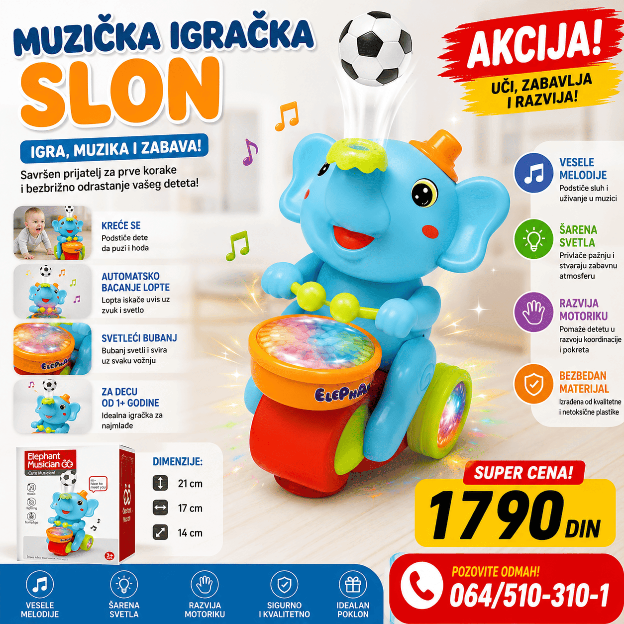 Šarena muzička igračka slon za decu sa svetlećim bubnjem i zvučnim efektima, praktičan izbor za veselu igru kod kuće.