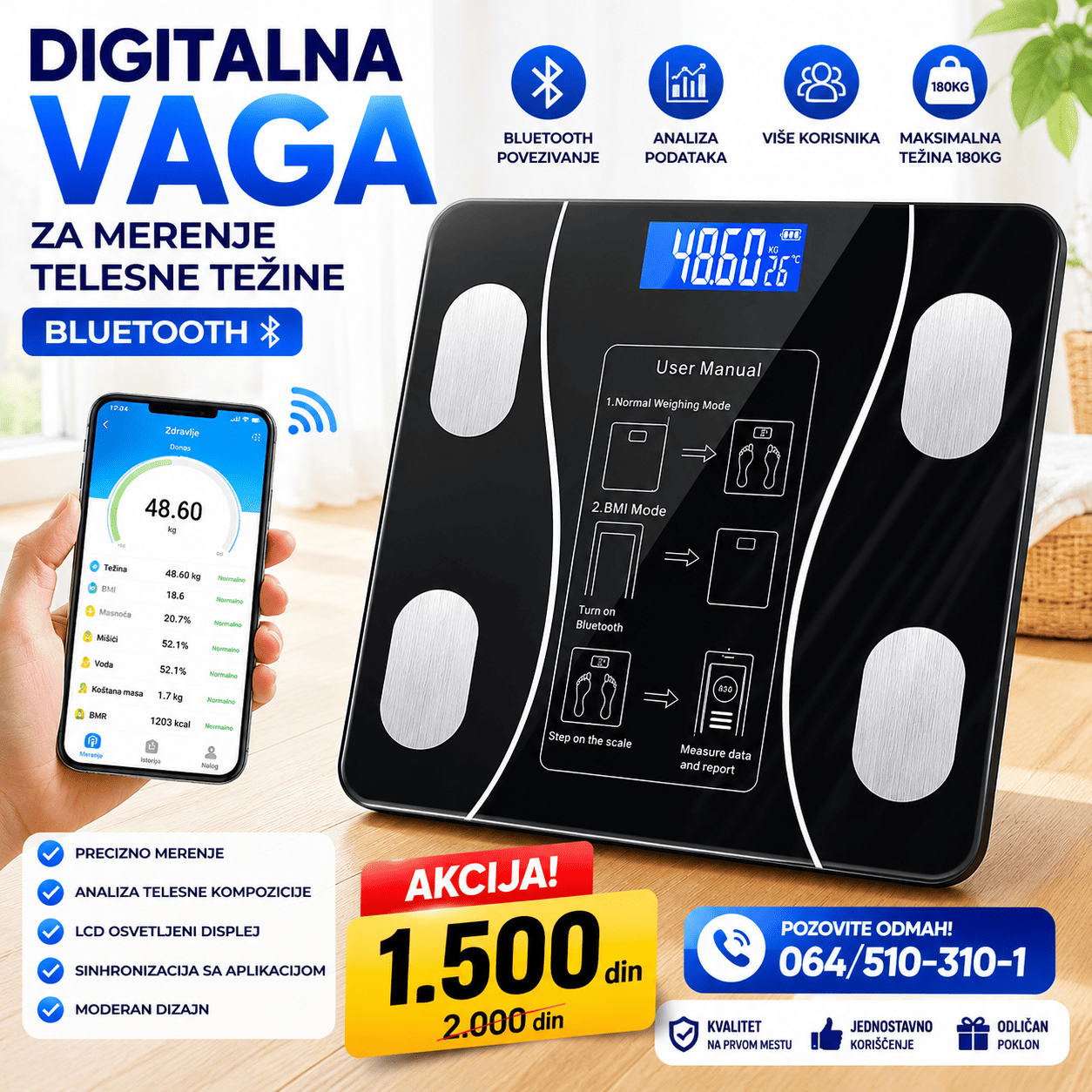 Precizna digitalna vaga za merenje telesne težine. Moderan dizajn, pouzdani senzori i jasno LCD očitavanje za svakodnevno praćenje.