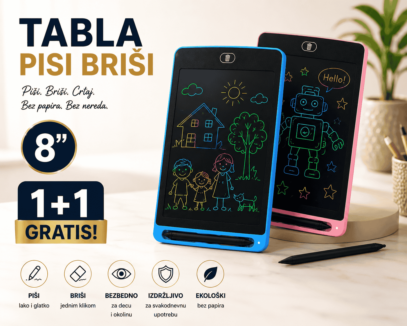 Kompaktna 8" piši-briši tabla za decu koja razvija maštu i olakšava učenje. Laka, praktična i idealna za crtanje bez nereda.