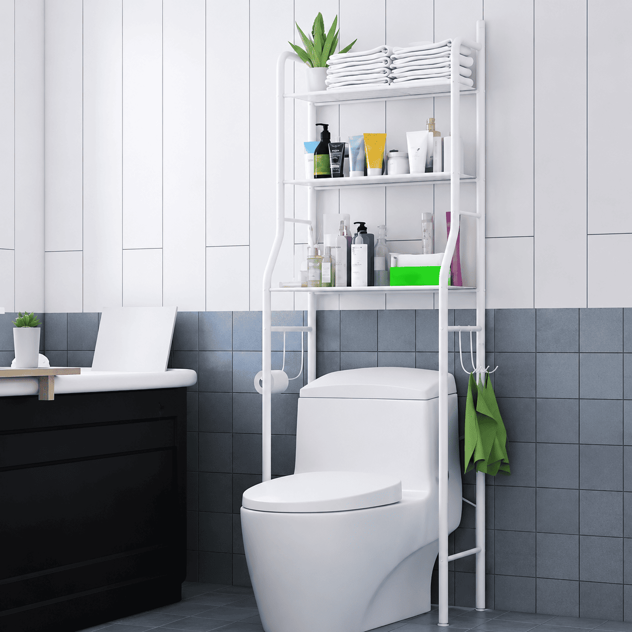 Višenamenska polica za kupatilo koja se postavlja iznad WC šolje, praktična za organizovanje kozmetike, sredstava za higijenu i peškira.