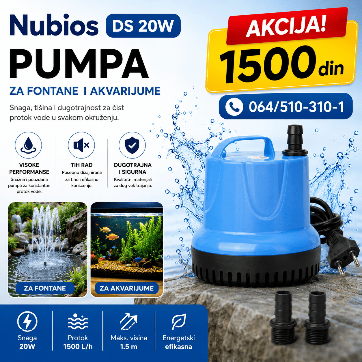 Tiha i pouzdana pumpa za akvarijume i baštenske fontane Nubios DS 20W.