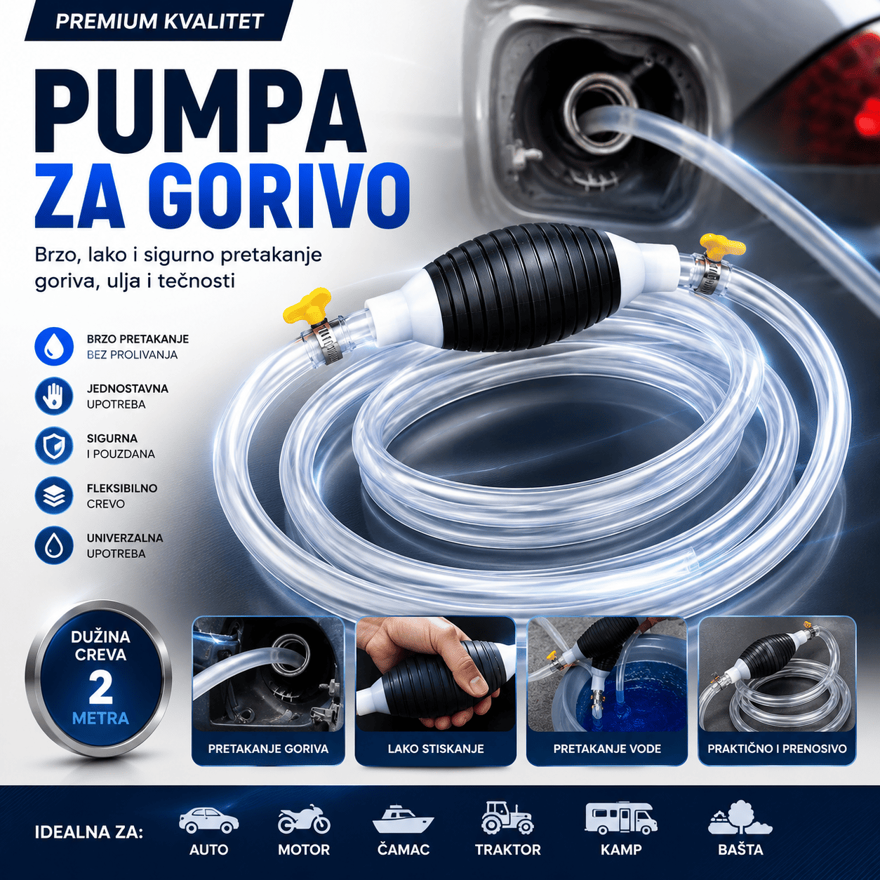 Prenosiva ručna pumpa za gorivo sa gumenom pumpicom i jednosmernim protokom, praktično pomagalo za pretakanje tečnosti bez električnog napajanja.