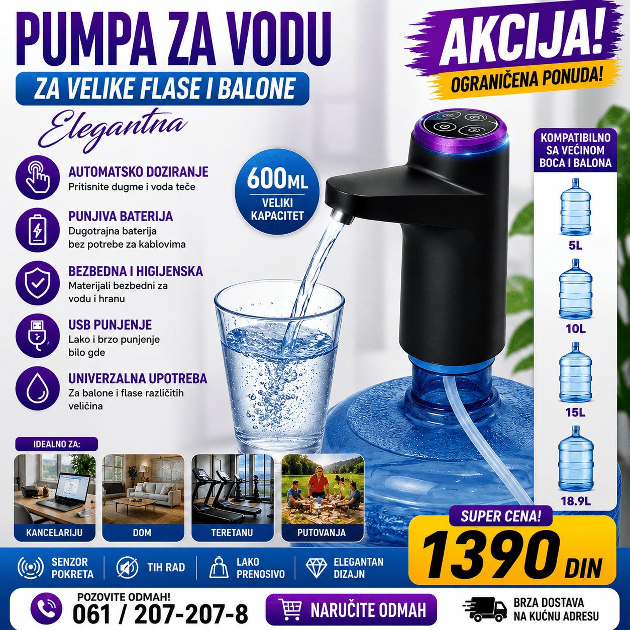 Električna pumpa za vodu Elegant za velike flaše i balone, sa praktičnim tasterom za jednostavno i brzo sipanje vode u čaše i posude.