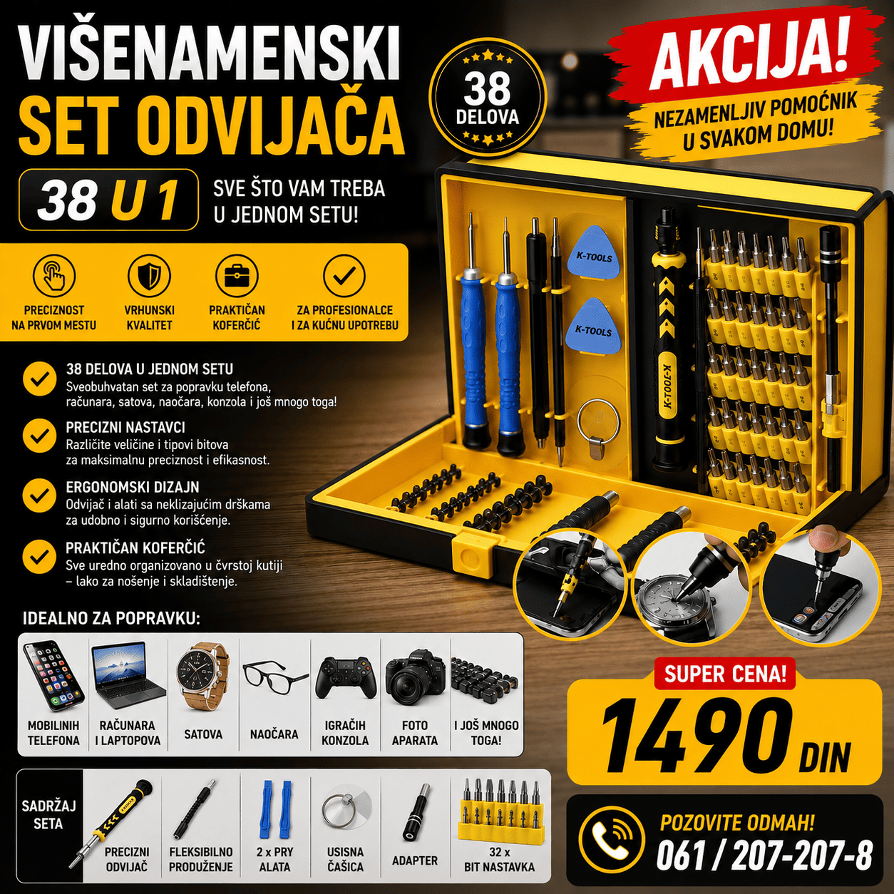 Višenamenski set odvijača 38 u 1 sa preciznim nastavcima i praktičnim alatom, namenjen za popravku elektronike, telefona, računara i kućnih uređaja.