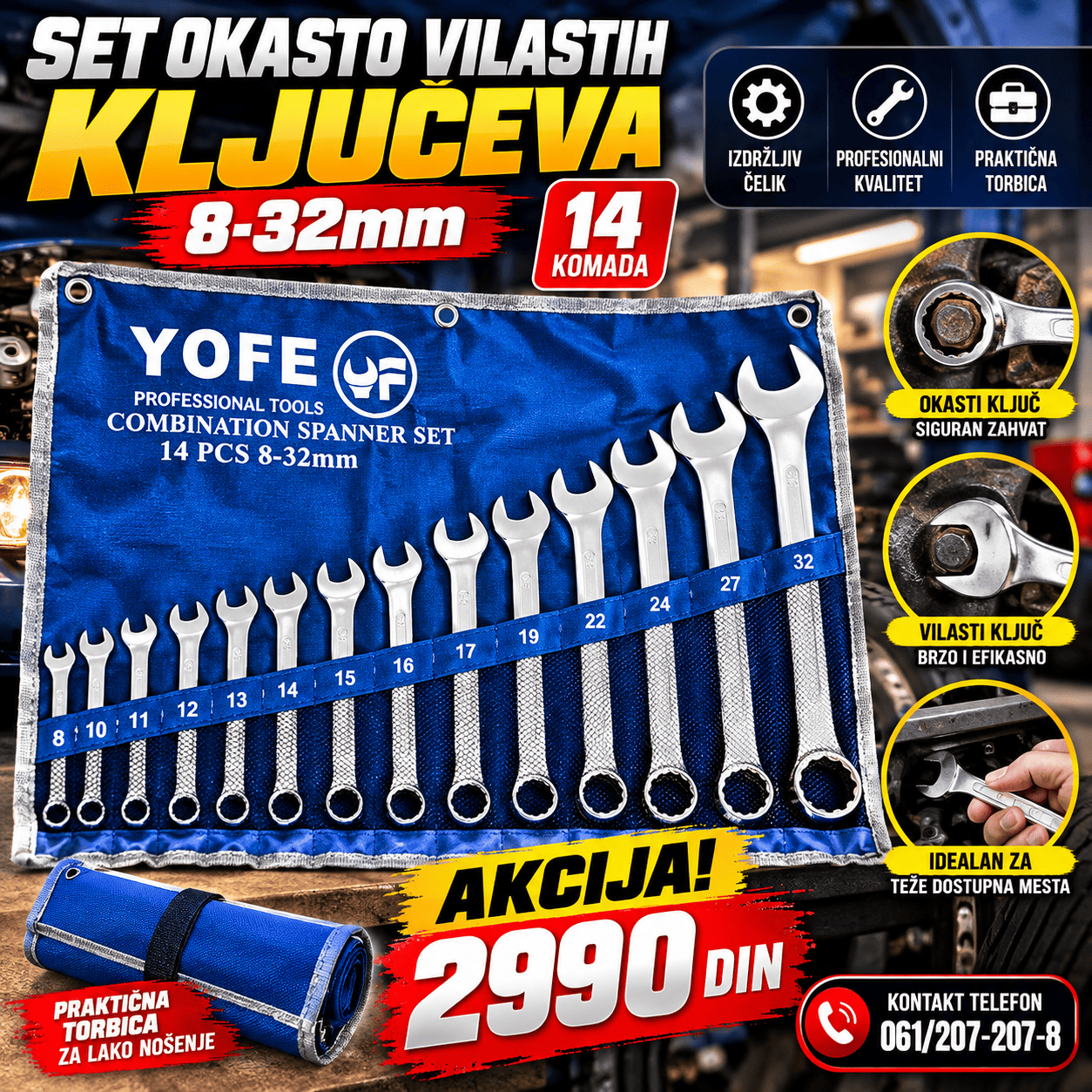 Profesionalni set okasto-vilastih ključeva od 8 do 32 mm, namenjen za odvrtanje i zavrtanje matica i šrafova u automehaničarskim radionicama.