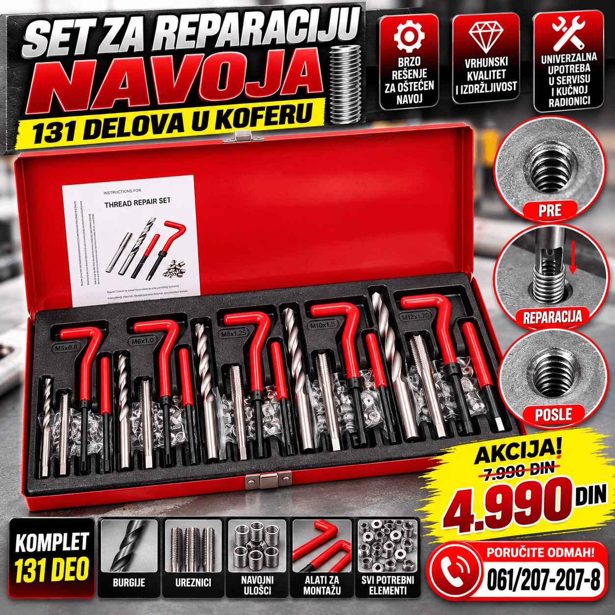 Profesionalni set za reparaciju navoja 131 delova u praktičnom koferu, namenjen za popravku oštećenih i istrošenih unutrašnjih navoja na metalnim delovima.