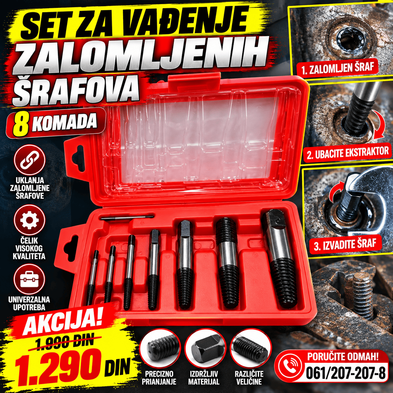 Profesionalni set za vađenje zalomljenih šrafova 8 komada, namenjen za jednostavno uklanjanje oštećenih, polomljenih i zaglavljenih šrafova iz različitih materijala.