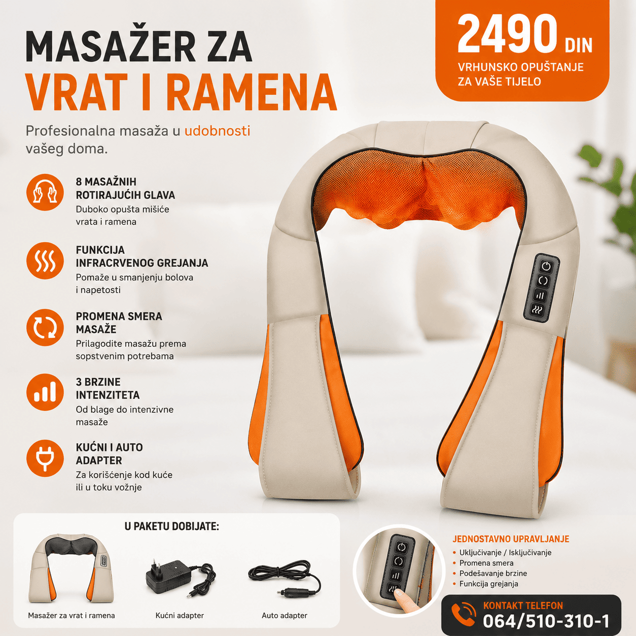 Električni shiatsu masažer za vrat, ramena i leđa sa funkcijom grejanja pruža duboku relaksaciju mišića i pomaže u smanjenju napetosti nakon napornog radnog dana.