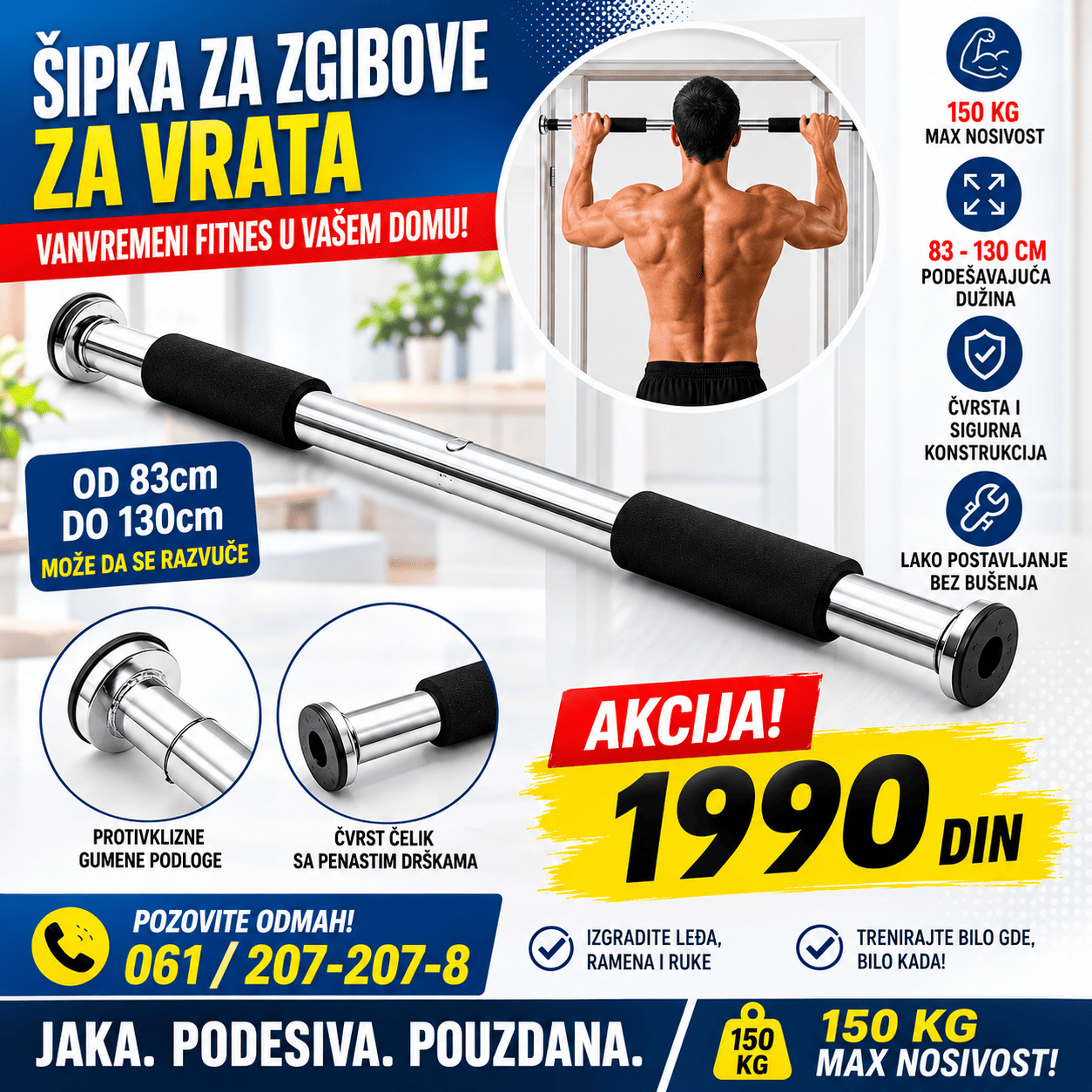 Podesiva šipka za zgibove za vrata dužine od 83 do 130 cm, praktična za kućne treninge, vežbanje leđa, ruku, ramena i gornjeg dela tela.