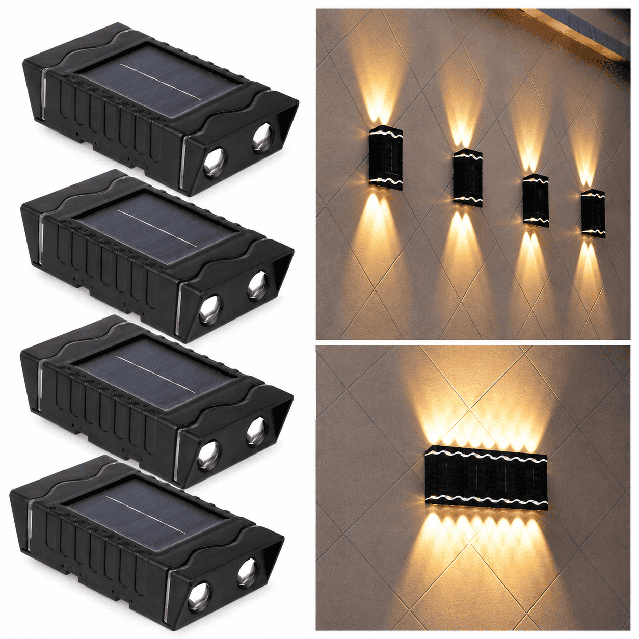Četiri solarne lampe za fasadu sa dvostranim svetlosnim efektom, pogodne za kuće, terase, balkone, ograde, stepeništa i dvorišne zidove.