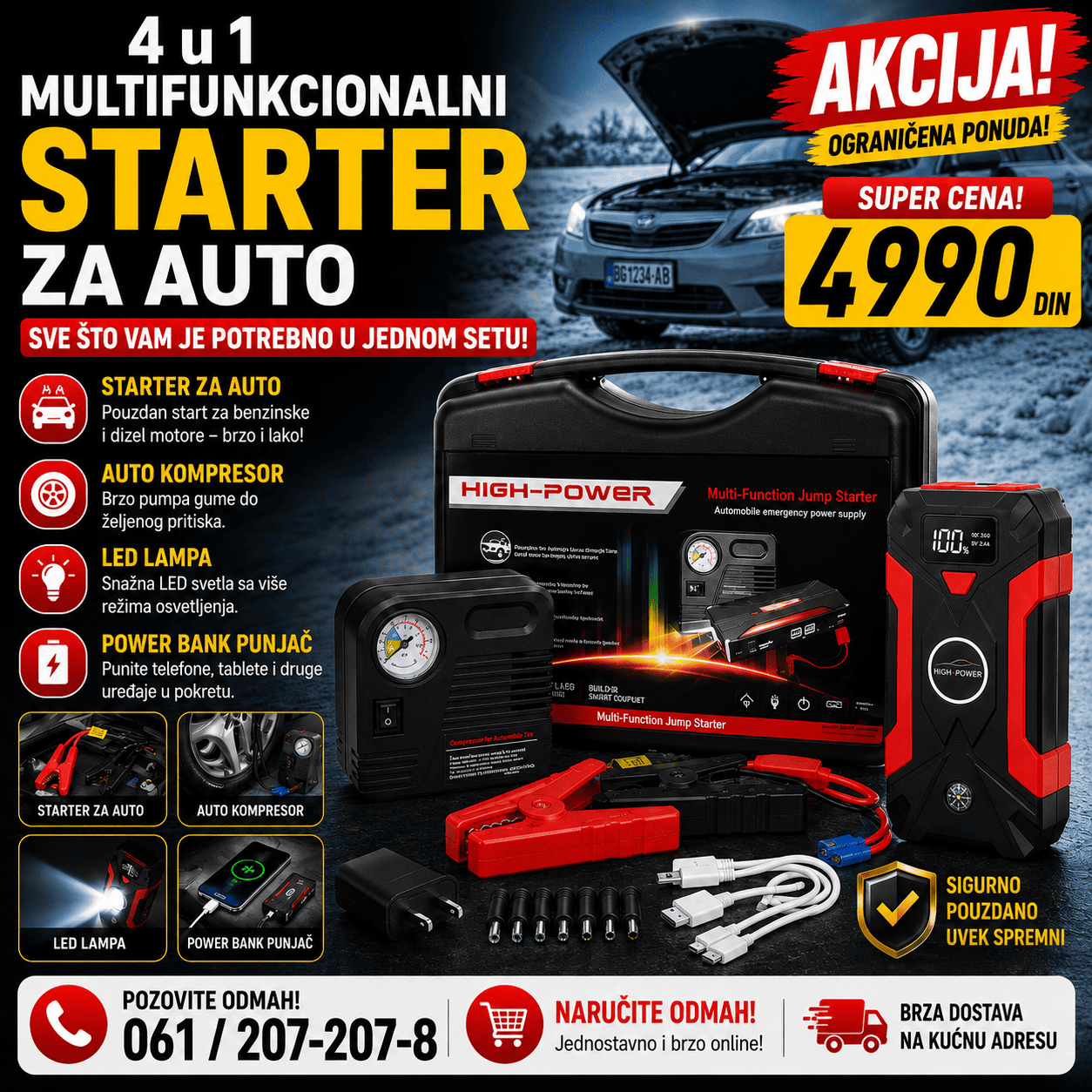 Komplet starter za automobil 4 u 1 sa prenosivim uređajem, kablovima za akumulator, punjačem i nastavcima, praktičan za čuvanje u automobilu.