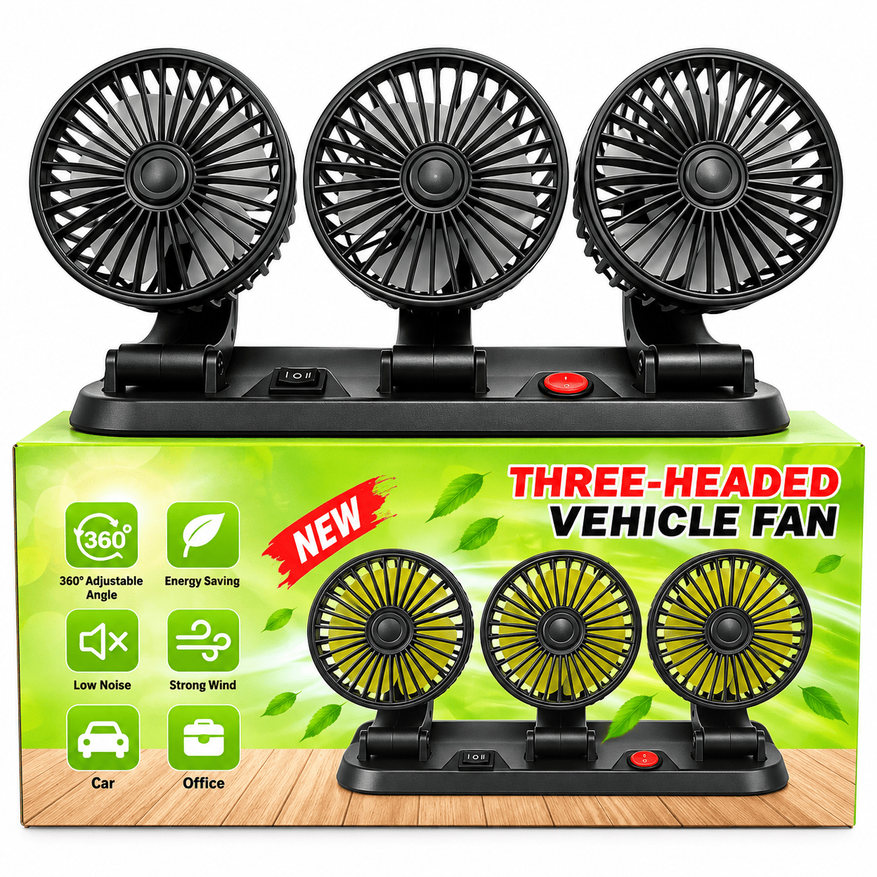Auto ventilator sa tri ventilatorske glave, tihim radom, dve brzine i praktičnim 12V priključkom za vozilo.