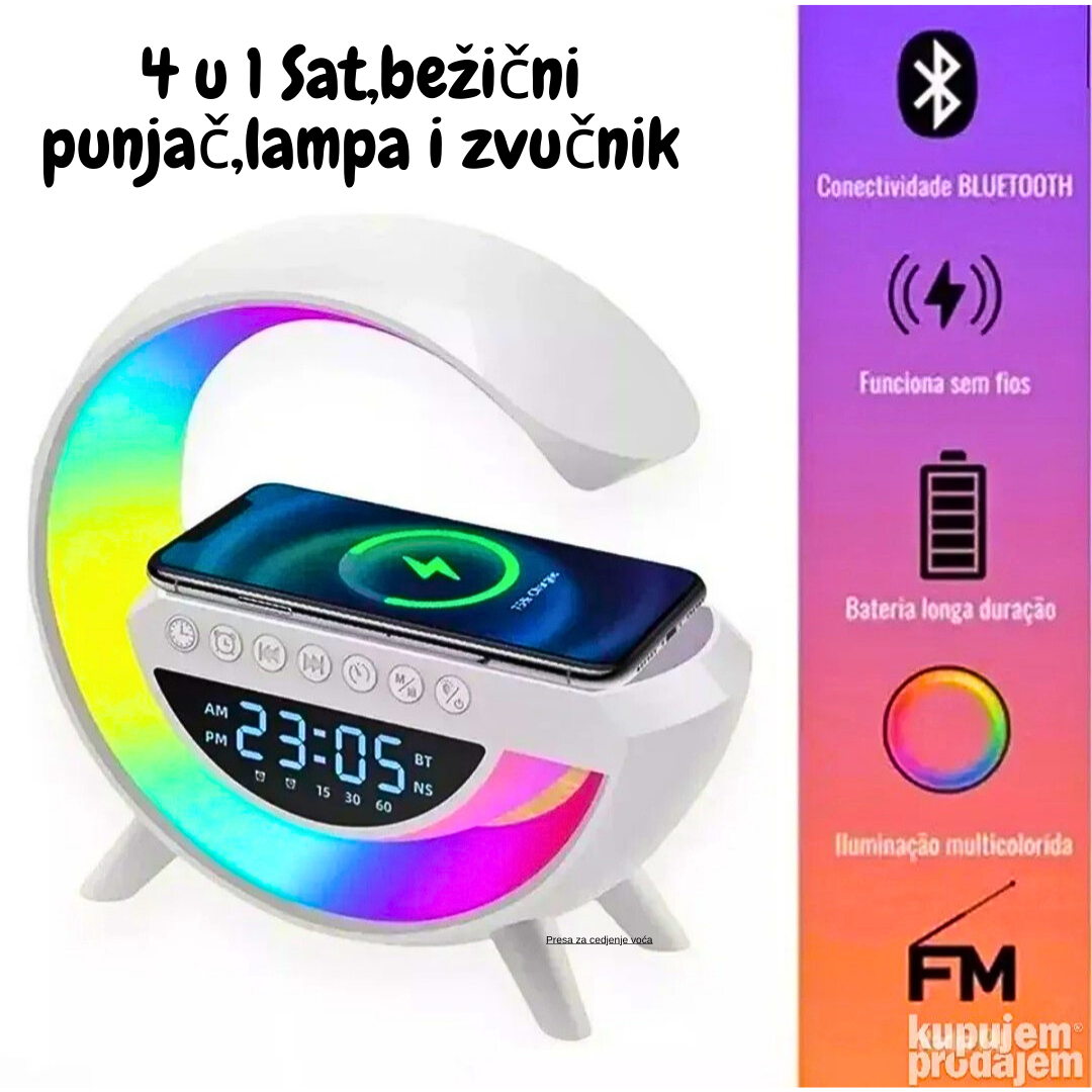 4-u-1 uređaj: Sat, bežični punjač, lampa i zvučnik. Savršen dodatak za vaš dom sa modernim funkcijama.